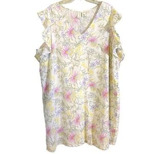 Joie Women's Floral Print Ruffle Sleeve Dress‎ Casual White Pink Yellow 2X